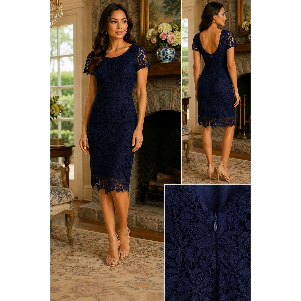 Lulus M Navy Blue Floral Lace Bodycon Midi Dress Wedding Guest Cocktail
